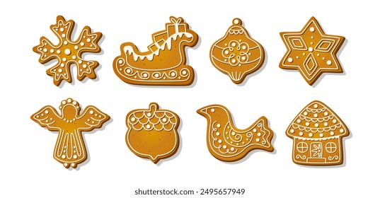 Christmas Gingerbread cookies for celebrating xmas. Winter homemade icing sweets in festive shapes isolated on white background. Flat cartoon Vector illustration