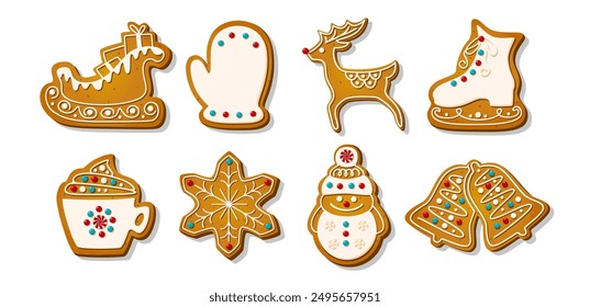 Christmas Gingerbread cookies for celebrating xmas. Winter homemade sweets in festive shapes isolated on white background. Cute flat cartoon Vector illustration