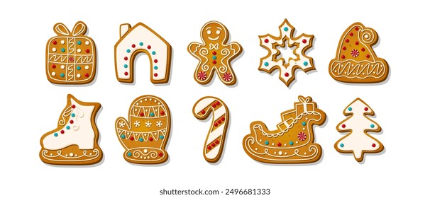 Christmas Gingerbread cookies for celebrating xmas. Winter homemade sweets in festive shapes isolated on white background. Cute flat cartoon Vector illustration