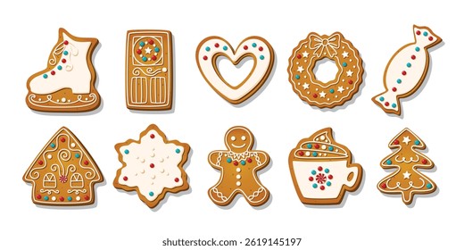 Christmas Gingerbread cookies for celebrating xmas. Winter homemade cakes in festive shapes isolated on white background. Cute childish cartoon vector illustration