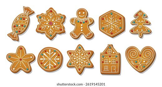 Christmas Gingerbread cookies for celebrating xmas. Winter homemade cakes in festive shapes isolated on white background. Cute childish cartoon vector illustration
