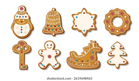 Christmas Gingerbread cookies for celebrating xmas. Winter homemade cakes in festive shapes isolated on white background. Cute childish cartoon vector illustration