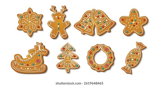 Biscoitos de pão de especiarias de Natal para celebrar xmas. Bolos caseiros de inverno em formas festivas isolados sobre fundo branco. Ilustração do vetor infantil bonito do desenho animado
