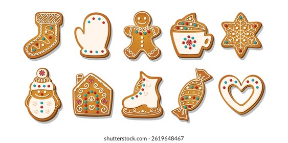 Biscoitos de pão de especiarias de Natal para celebrar xmas. Bolos caseiros de inverno em formas festivas isolados sobre fundo branco. Ilustração do vetor infantil bonito do desenho animado