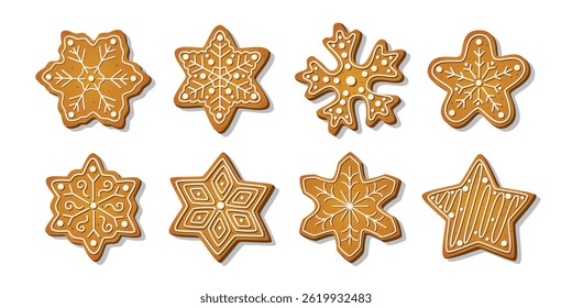 Christmas Gingerbread cookies for celebrating xmas. Winter homemade cakes in festive shapes isolated on white background. Cute childish cartoon vector illustration