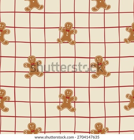 Christmas gingerbread cookies checkered seamless pattern. Tasty winter festive decoration, print, wallpaper, cozy Xmas retro print, wrapping paper, fabric, textile design. Vector illustration.