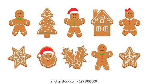 Christmas Gingerbread cookies. Classic Xmas biscuit isolated on white background. Vector illustration. Noel holiday sweet dessert. Cute ginger bread men, tree, santa, holly berry, star and house.