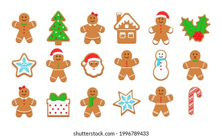 Christmas Gingerbread cookies. Classic Xmas biscuit. Noel holiday sweet dessert isolated on white background. Cute ginger bread men, tree, santa, holly, snowman and gift box. Vector illustration.