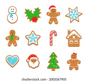 Christmas Gingerbread cookies. Classic Xmas biscuits. Cute ginger bread men, tree, santa, holly, snowman and heart. Noel holiday sweet dessert isolated on white background. Vector illustration.