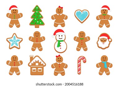 Christmas Gingerbread cookies  Classic Xmas biscuit  Noel holiday sweet dessert isolated white background  Cute ginger bread men  tree  santa  holly  snowman   gift box  Vector illustration 