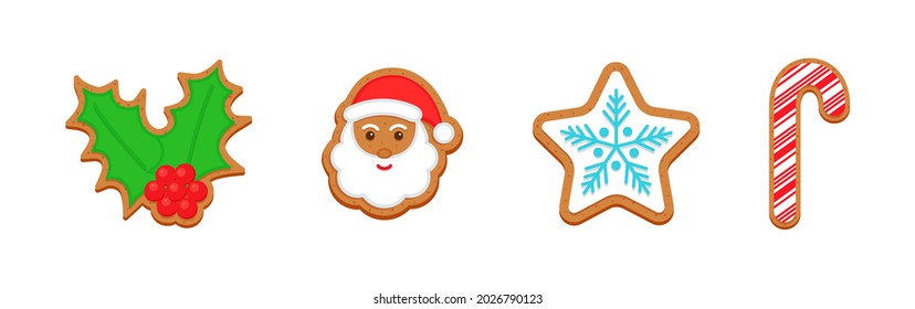 Christmas Gingerbread cookies. Classic Xmas biscuits. Cute ginger bread, santa, holly, candy cane and snowflake. Noel holiday sweet dessert isolated on white background. Vector illustration.
