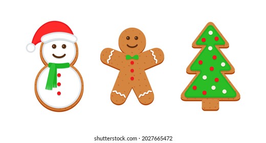 Christmas Gingerbread cookies. Classic Xmas biscuit . Cute ginger bread man, tree and snowman. Vector illustration. Noel holiday sweet desserts isolated on white background.