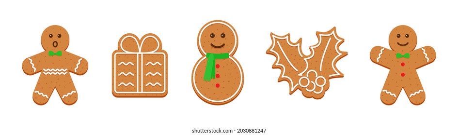 Christmas Gingerbread cookies. Classic Xmas biscuit isolated on white background. Vector illustration. Noel holiday sweet dessert. Cute ginger bread men, holly berry, gift box and snowman.