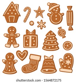 Christmas gingerbread cookies collection: house, candy cane, snowman, man, sock, bell, mitten, gift box