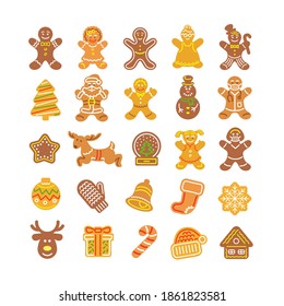 Christmas gingerbread cookies collection. Simple flat vector icons of baked gingerbread men, girl, Santa Claus, deer, snowflake, snowman, present, mitten, bell, Santa hat and other holiday symbols