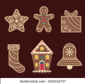 Christmas gingerbread cookies collection. Vintage craft decoration toy from chocolate. Ginger man, bell, sock, house and star spicy cookie,Xmas biscuits for winter holiday.