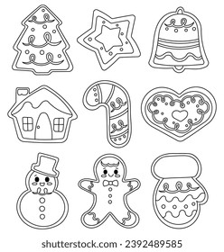 Christmas gingerbread cookies. Coloring Page. Homemade baking. Hand drawn style. Vector drawing. Collection of design elements.