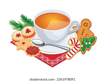 Christmas gingerbread cookies and a cup of tea vector illustration. Delicious tea cakes vector isolated on a white background. Christmas tea drink with shortbread cookies and candies drawing