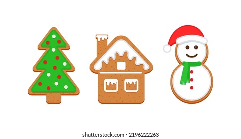 Christmas Gingerbread cookies. Cute ginger bread house, tree and snowman. Classic Xmas biscuit. Vector illustration. Noel holiday sweet desserts isolated on white background.