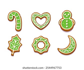 Navidades Galletas De Jengibre Decoradas Con Vibrante Glaseado Verde En Formas Únicas Como Bastón De Caramelo, Corazón, Muñeco De Nieve, Hoja, Corona Y Luna Creciente, Ideal Para Celebraciones De Festiva Y Decoración Festiva