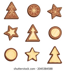 Christmas gingerbread cookies of different shapes with glaze patterns isolated on white background.Christmas treat gingerbread in the shape of tree, circle and star.