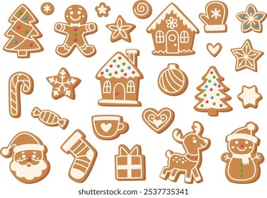 Christmas gingerbread cookies of different shapes and sizes. Gingerbread houses, Christmas trees, man, snowflakes and stars, deer and snowman.