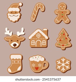 Christmas gingerbread cookies of different shapes and sizes. Gingerbread houses, Christmas trees, people, snowflakes and stars, deer and snowmen