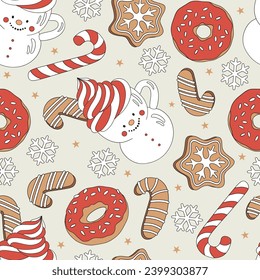 Christmas Gingerbread cookies Donut Peppermint candy Snowman mug vector seamless pattern. Xmas holiday festive season treats sweets snacks food background.