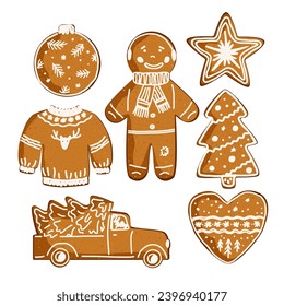 Christmas gingerbread cookies with doodle icing Christmas collection isolated on white, vector illustration. House, car, sweater, star, ginger man, and tree.