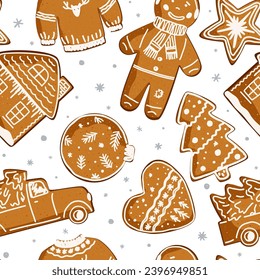 Christmas gingerbread cookies with doodle icing seamless pattern, vector illustration. House, car, sweater, star, ginger man, and tree. New Year's Eve pattern on white background.