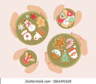 Christmas gingerbread cookies,  family holding a plate with delicious Christmas gingerbread cookies in their hands. Vector flat illustration.