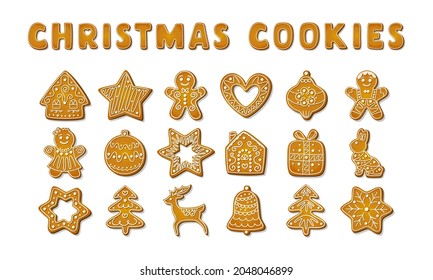 Christmas gingerbread cookies. Festive biscuits in shape of house and gingerbread man, tree and reindeer, star and snowflake, bell and heart, gift and rabbit shapes. Cartoon Vector illustration