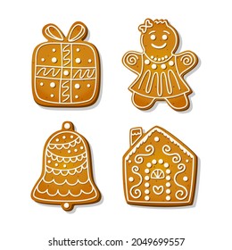 Christmas gingerbread cookies. Festive biscuits in shape of house and gingerbread woman, bell and gift box. Cartoon Vector illustration