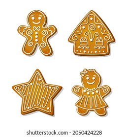 Christmas gingerbread cookies. Festive biscuits in shape of gingerbread man and woman, house and star. Cartoon Vector illustration