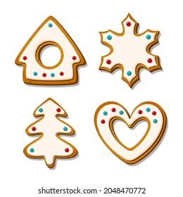 Christmas gingerbread cookies. Festive glazed biscuits in shape of house and heart, tree snowflake. Cartoon Vector illustration