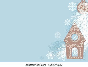 Christmas gingerbread cookies, fir branches and snowflakes on a blue background, vector illustration