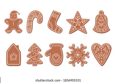 Christmas gingerbread cookies in flat style isolated on white background. Vector illustration with gingerbread cookies.