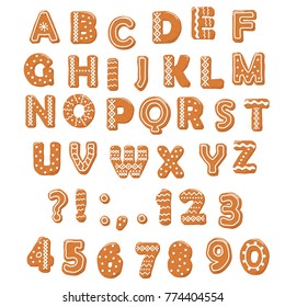 Christmas Gingerbread cookies font. Cartoon hand drawn letters and numbers.