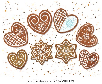 Christmas Gingerbread Cookies In The Form Of Hearts And Snowflakes. Vector Illustration