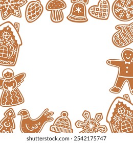 Christmas gingerbread cookies frame. Square xmas holiday border. Flat vector illustration