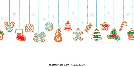 Christmas Gingerbread cookies garlands. Horizontal seamless pattern with traditional decorative elements. vector illustration