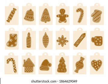 Christmas gingerbread cookies gift tags labels set, traditional holiday celebration design hand drawn in doodle style decorated with sugar icing winter sweet food 