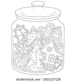 Christmas gingerbread cookies in a glass jar with a lid. Gingerbread cookies of different shapes: bell, star, tree, house, snowflake, heart. Winter holiday illustration, Coloring page