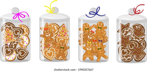 Christmas gingerbread cookies in a glass jar. Vector illustration. Baking for a gift. For creating prints, cards, invitations, banners, price tags, covers and other designs.