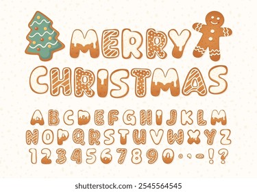 Christmas gingerbread cookies hand drawn alphabet with uppercase letters, numbers and punctuation. Display New Year font decorated with icing. Winter holiday typography symbols. Vector illustration.