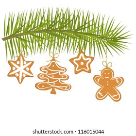 Christmas gingerbread cookies hanging on the branch. Vector illustration