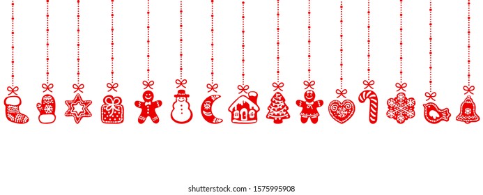 Christmas gingerbread cookies hanging on red ribbons. Seamless border. Vector illustration isolated on white background.