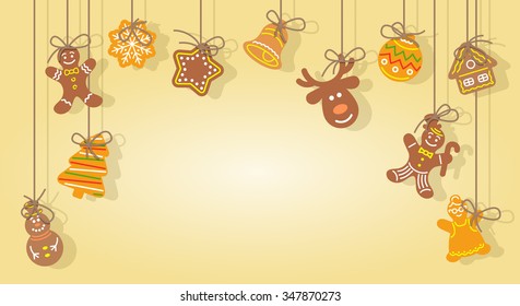 Christmas gingerbread cookies hanging on the ropes vector horizontal festive background. Flat illustration of cute baked figures of man, tree, snowflake, snowman, deer with space for greeting text