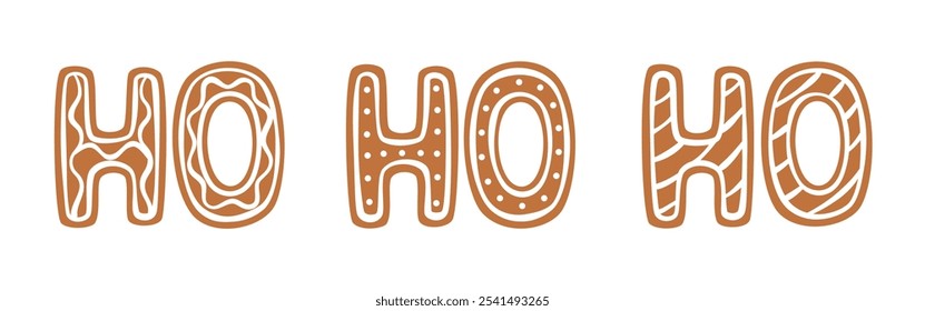 Christmas gingerbread cookies Ho Ho Ho lettering. Holiday homemade xmas bakery. Christmas sweet text. Flat vector illustration isolated on white background