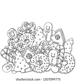 Christmas gingerbread cookies, holiday baking. Winter pattern with Christmas hand-drawn decorative elements in vector.  Coloring book page for adults. Black and white.